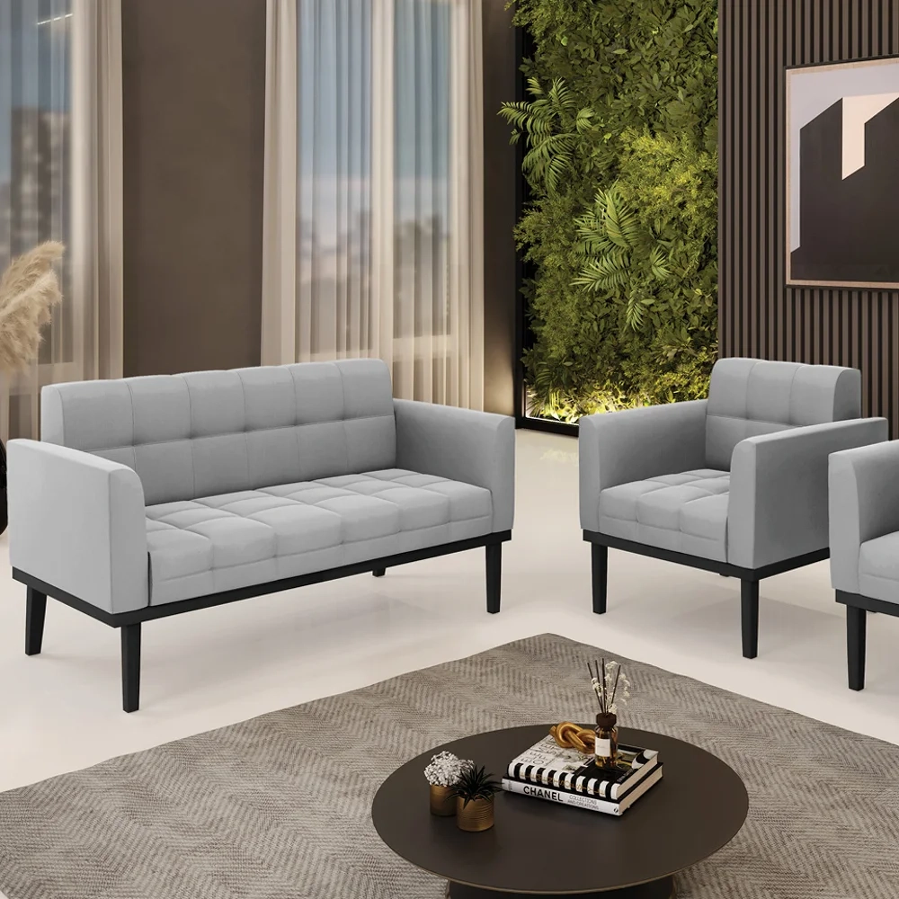 Sofá Namoradeira e 1 Poltrona Base Madeira Preto Ana Suede Cinza - Ibiza