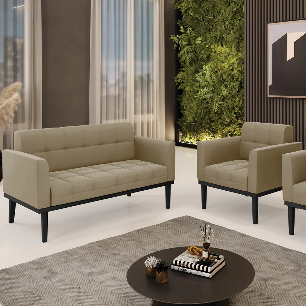 Sofá Namoradeira e 1 Poltrona Base Madeira Preto Ana Suede Marrom RT - Ibiza