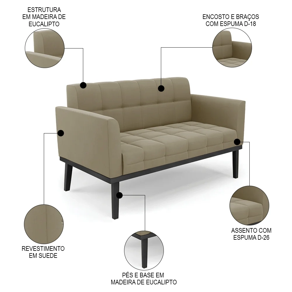 Sofá Namoradeira e 1 Poltrona Base Madeira Preto Ana Suede Marrom RT - Ibiza