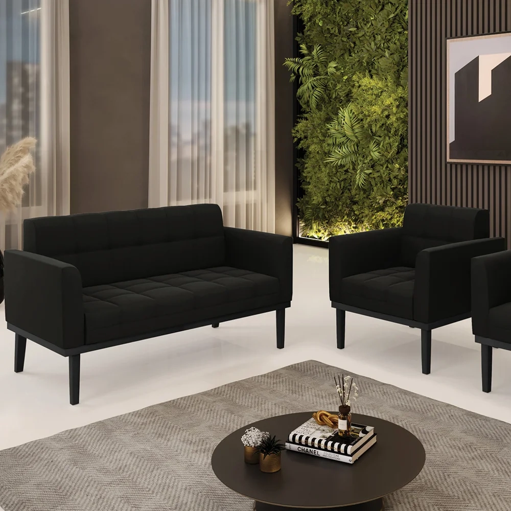 Sofá Namoradeira e 1 Poltrona Base Madeira Preto Ana Suede Preto - Ibiza