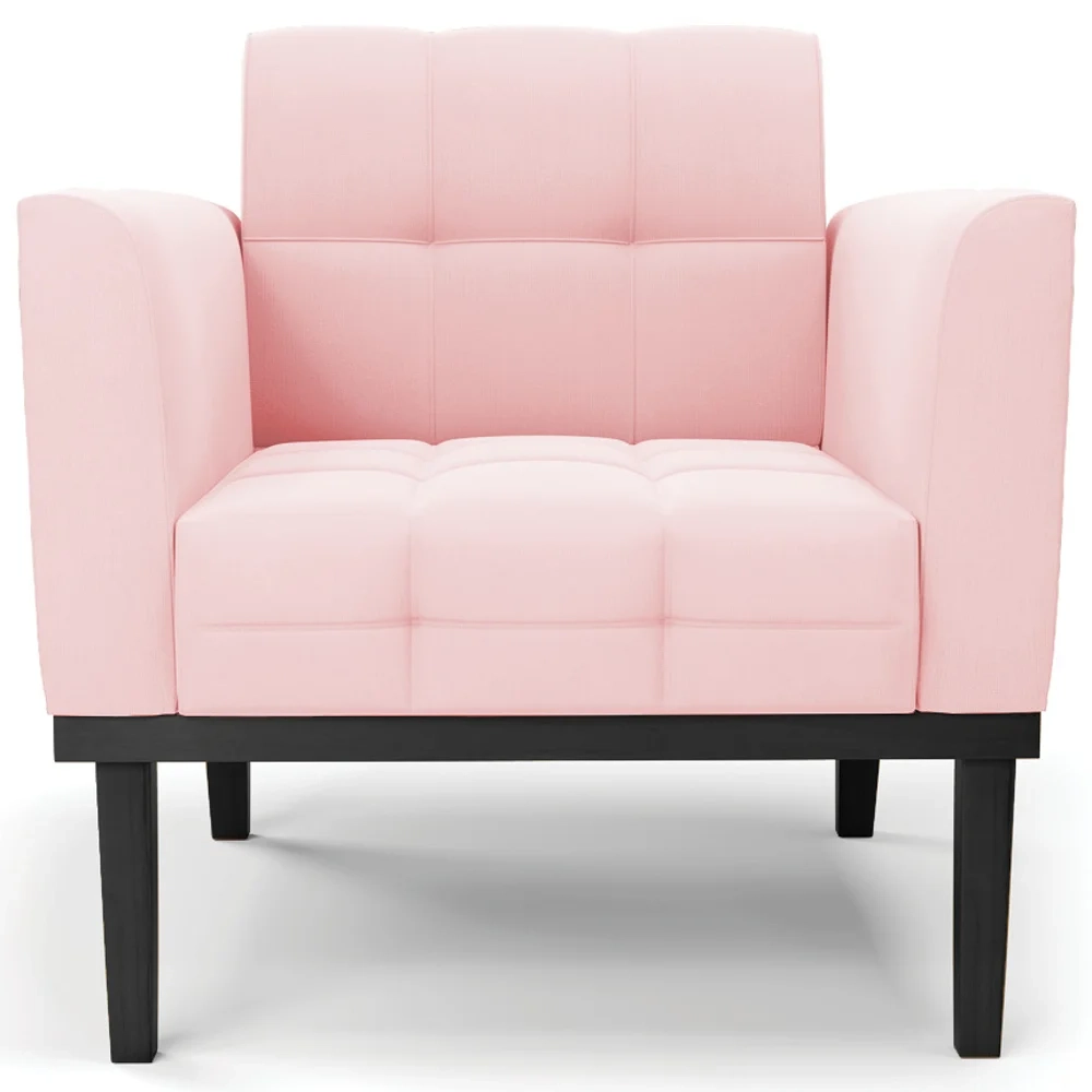 Sofá Namoradeira e 1 Poltrona Base Madeira Preto Ana Suede Rosa Bebê - Ibiza