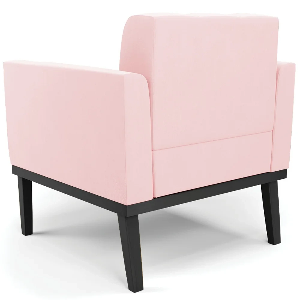 Sofá Namoradeira e 1 Poltrona Base Madeira Preto Ana Suede Rosa Bebê - Ibiza