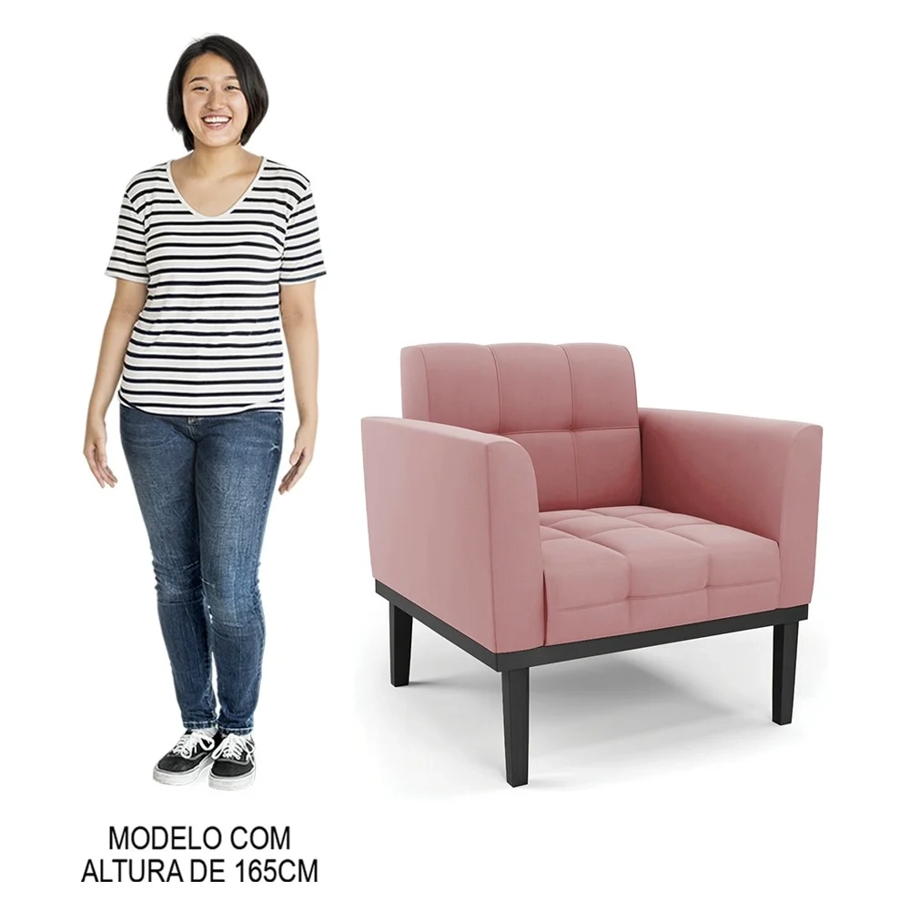 Sofá Namoradeira e 1 Poltrona Base Madeira Preto Ana Suede Rosê - Ibiza