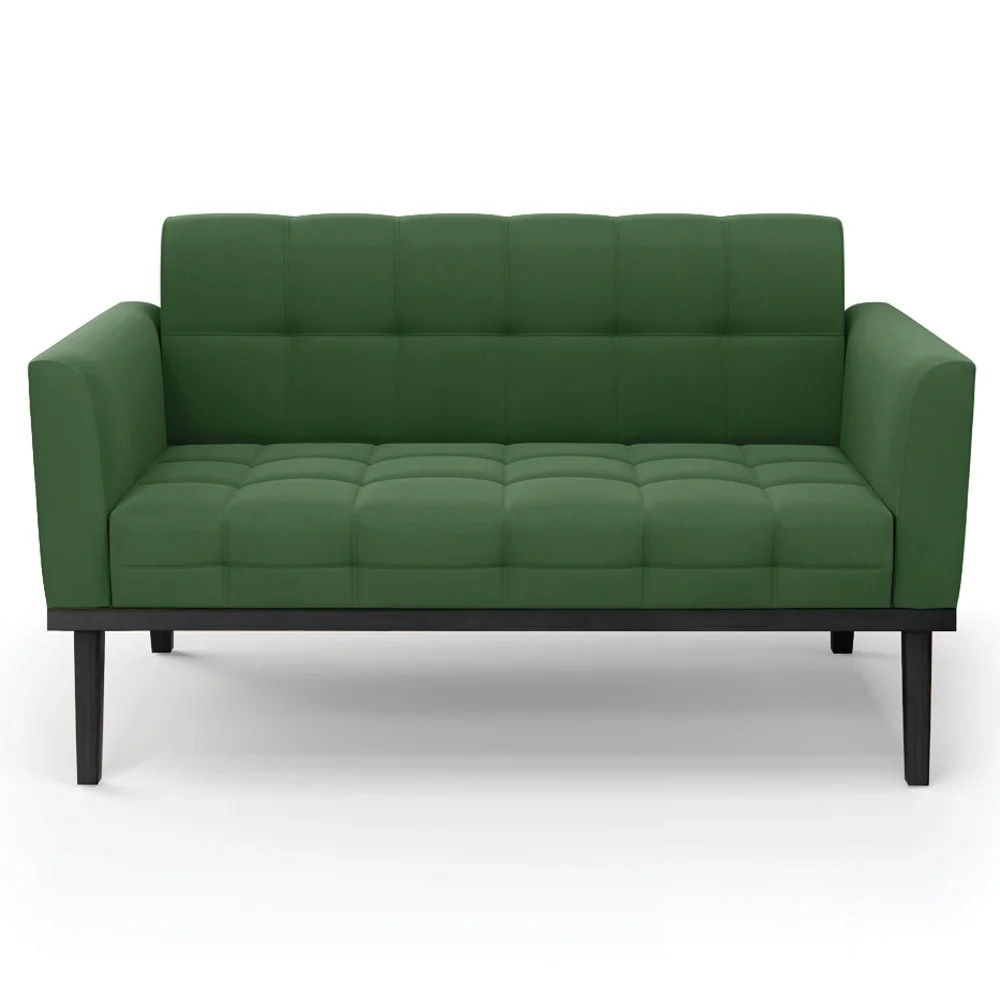 Sofá Namoradeira e 1 Poltrona Base Madeira Preto Ana Suede Verde - Ibiza