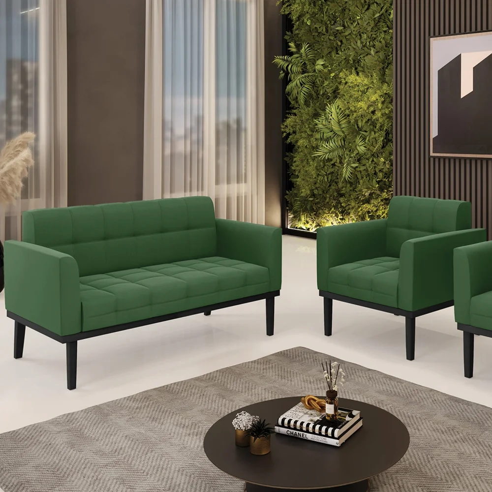 Sofá Namoradeira e 1 Poltrona Base Madeira Preto Ana Suede Verde - Ibiza