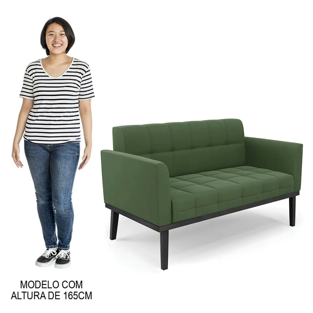 Sofá Namoradeira e 1 Poltrona Base Madeira Preto Ana Suede Verde - Ibiza