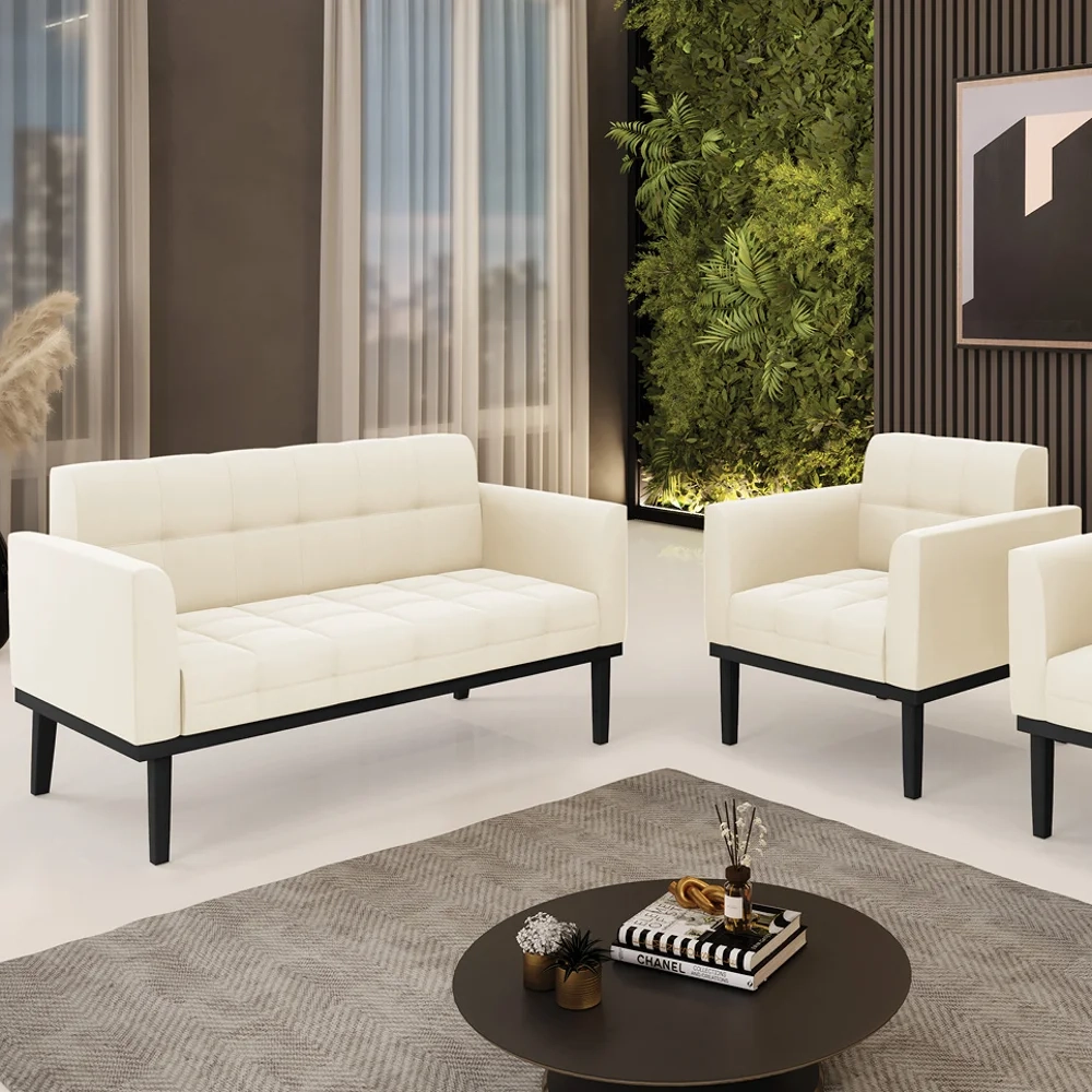 Sofá Namoradeira e 1 Poltrona Base Madeira Preto Ana Veludo Bege - Ibiza