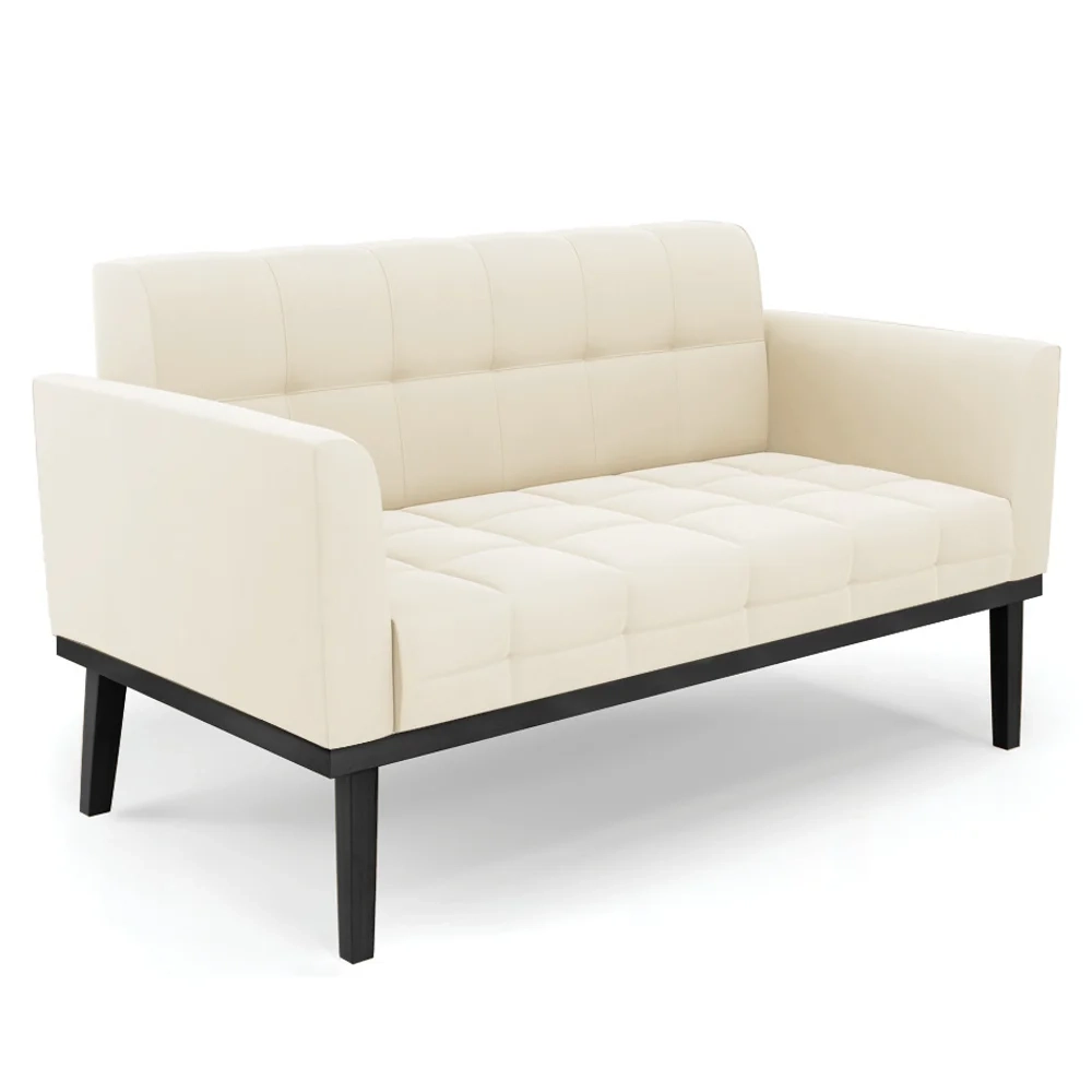 Sofá Namoradeira e 1 Poltrona Base Madeira Preto Ana Veludo Bege - Ibiza