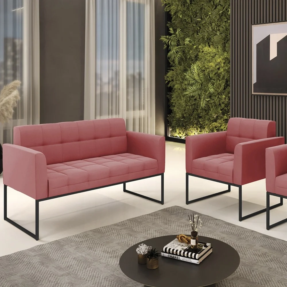 Sofá Namoradeira e 1 Poltrona Base Industrial Preto Ana Suede Rosê - Ibiza