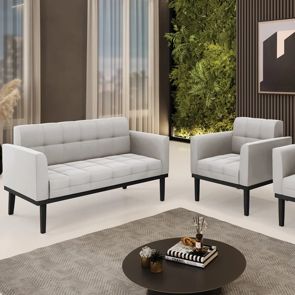 Sofá Namoradeira e 1 Poltrona Base Madeira Preto Ana Veludo Cinza - Ibiza