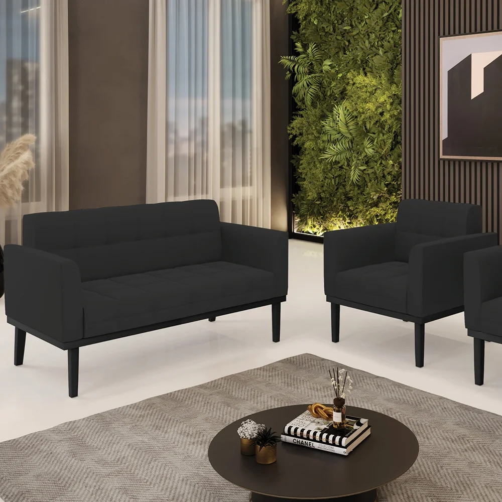 Sofá Namoradeira e 1 Poltrona Base Madeira Preto Ana Veludo Preto - Ibiza