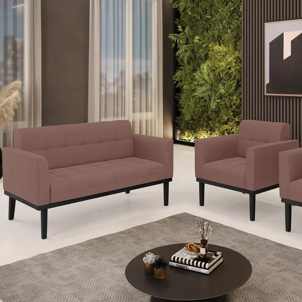 Sofá Namoradeira e 1 Poltrona Base Madeira Preto Ana Veludo Rosê - Ibiza