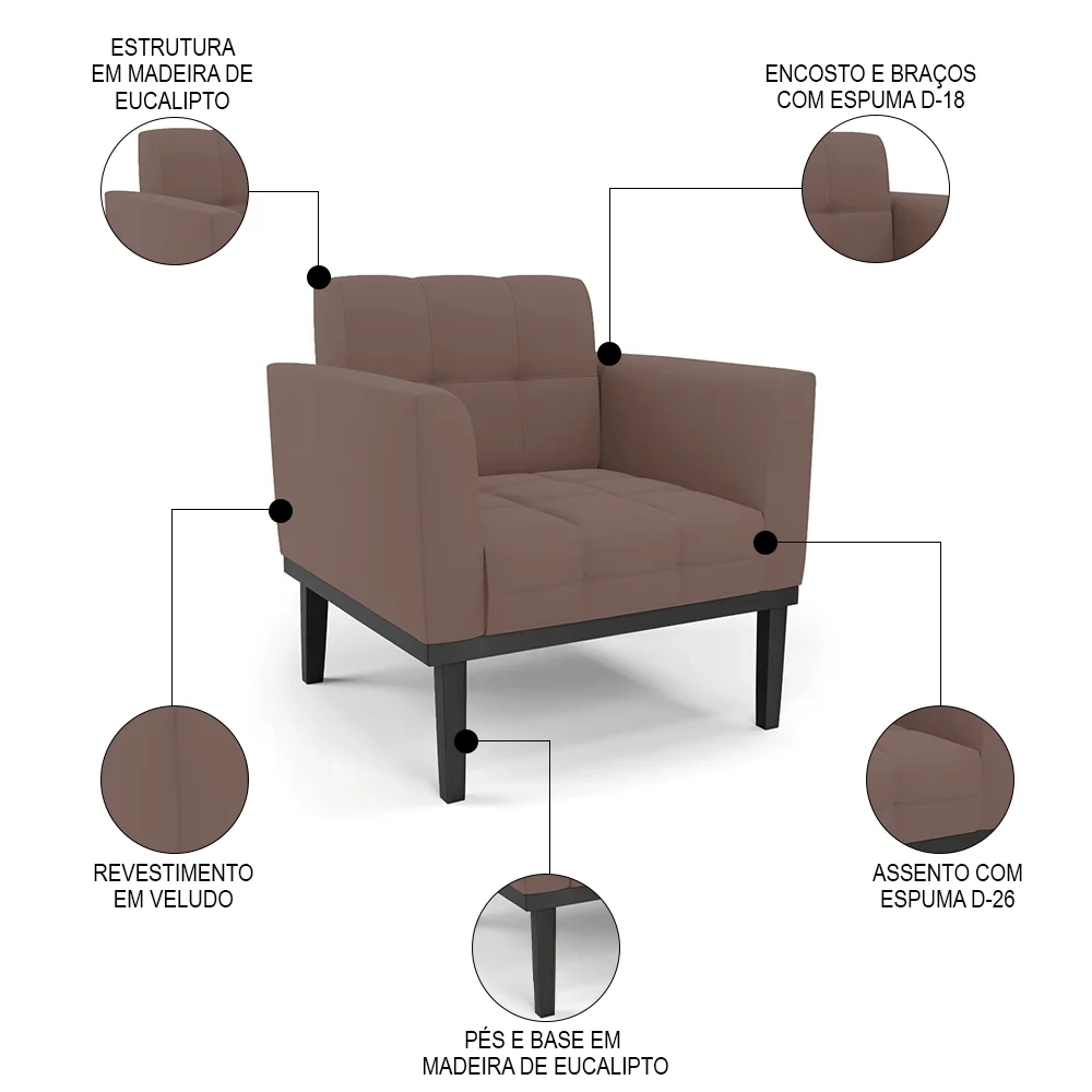 Sofá Namoradeira e 1 Poltrona Base Madeira Preto Ana Veludo Rosê - Ibiza