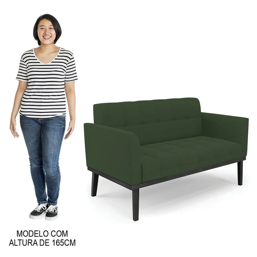 Sofá Namoradeira e 1 Poltrona Base Madeira Preto Ana Veludo Verde - Ibiza