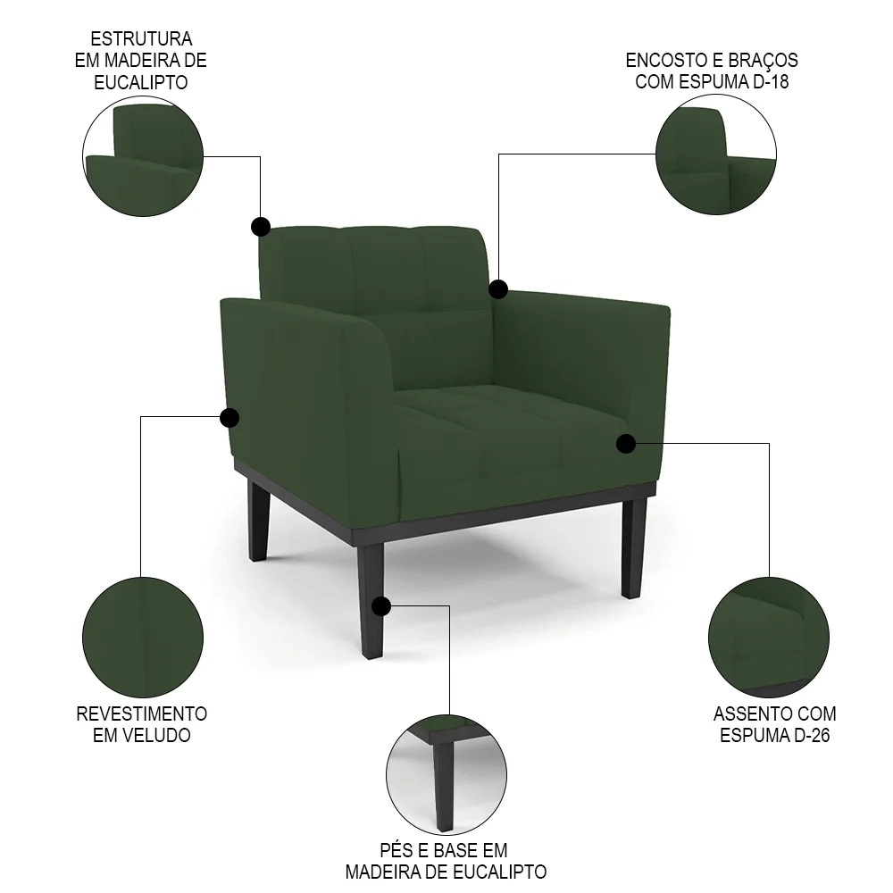 Sofá Namoradeira e 1 Poltrona Base Madeira Preto Ana Veludo Verde - Ibiza