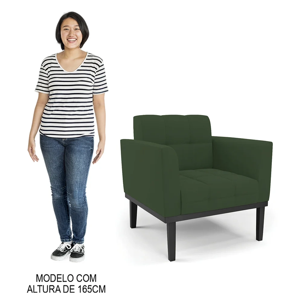 Sofá Namoradeira e 1 Poltrona Base Madeira Preto Ana Veludo Verde - Ibiza