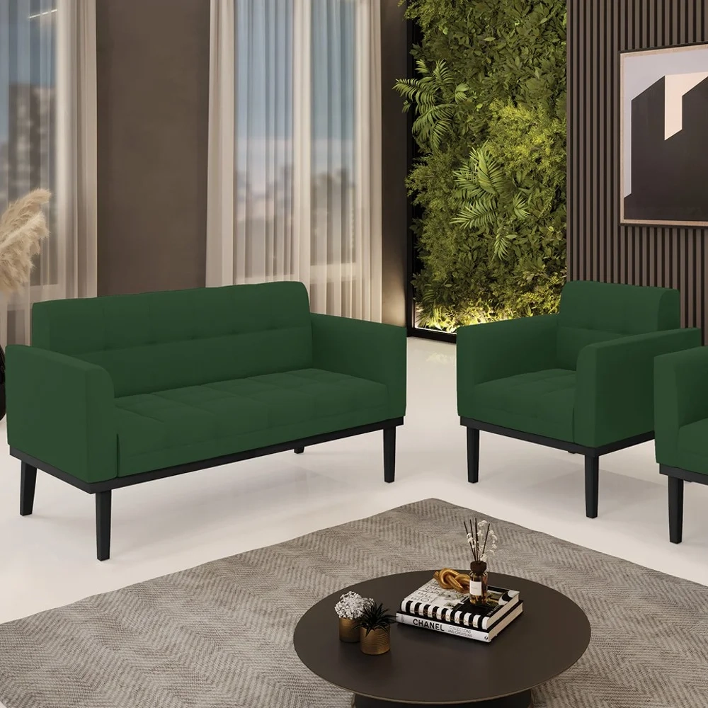 Sofá Namoradeira e 1 Poltrona Base Madeira Preto Ana Veludo Verde - Ibiza