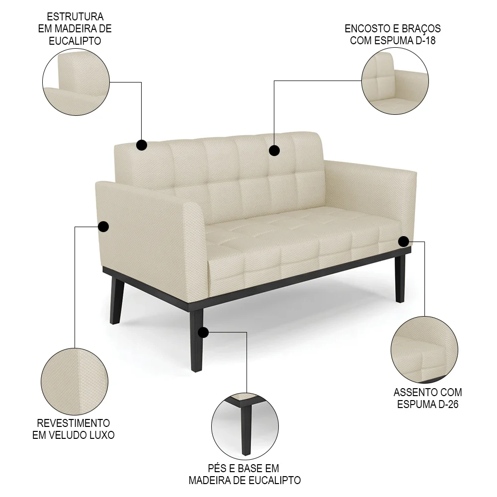 Sofá Namoradeira e 1 Poltrona Base Madeira Preto Ana Veludo Luxo Off White - Ibiza