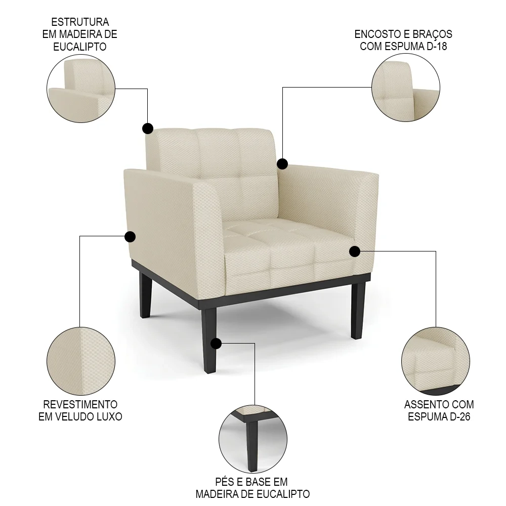 Sofá Namoradeira e 1 Poltrona Base Madeira Preto Ana Veludo Luxo Off White - Ibiza