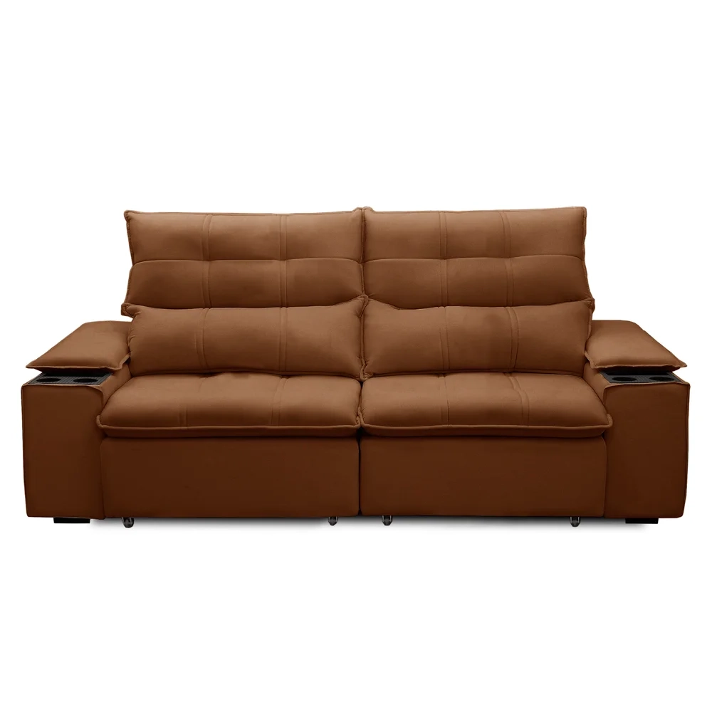 Sofá Retrátil 3 Lugares com Porta Copo 210cm Malta F05 Veludo Terracota - Mpozenato