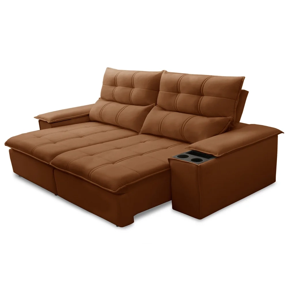 Sofá Retrátil 3 Lugares com Porta Copo 210cm Malta F05 Veludo Terracota - Mpozenato