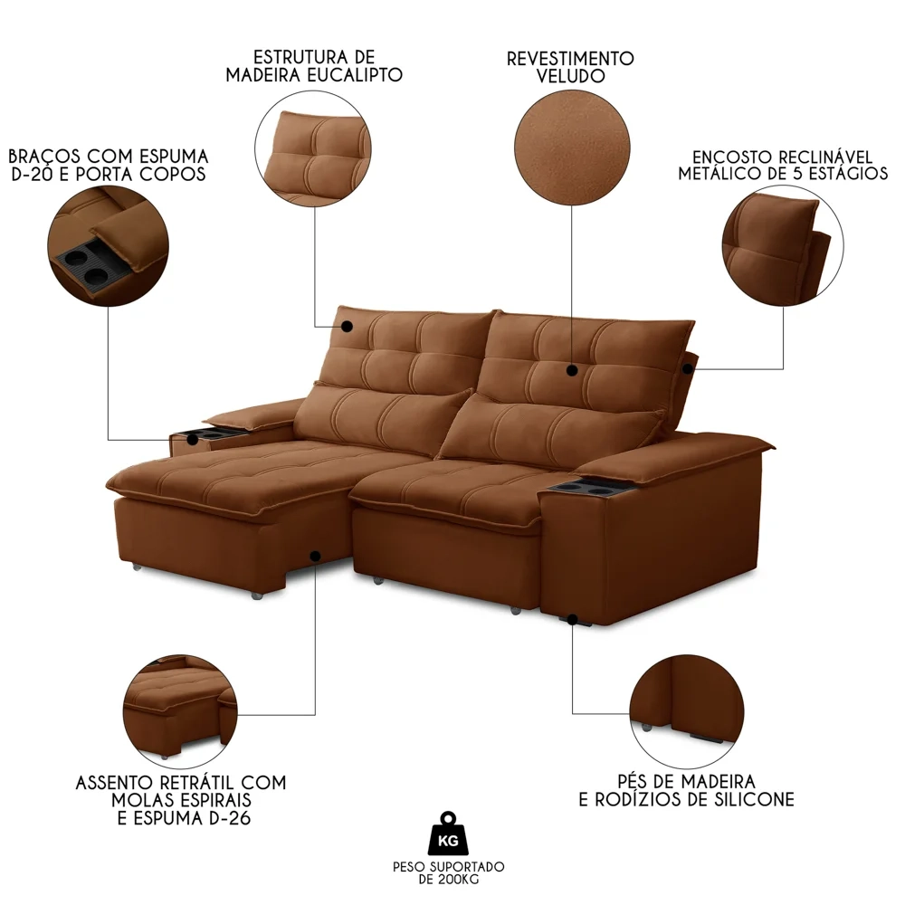 Sofá Retrátil 3 Lugares com Porta Copo 210cm Malta F05 Veludo Terracota - Mpozenato