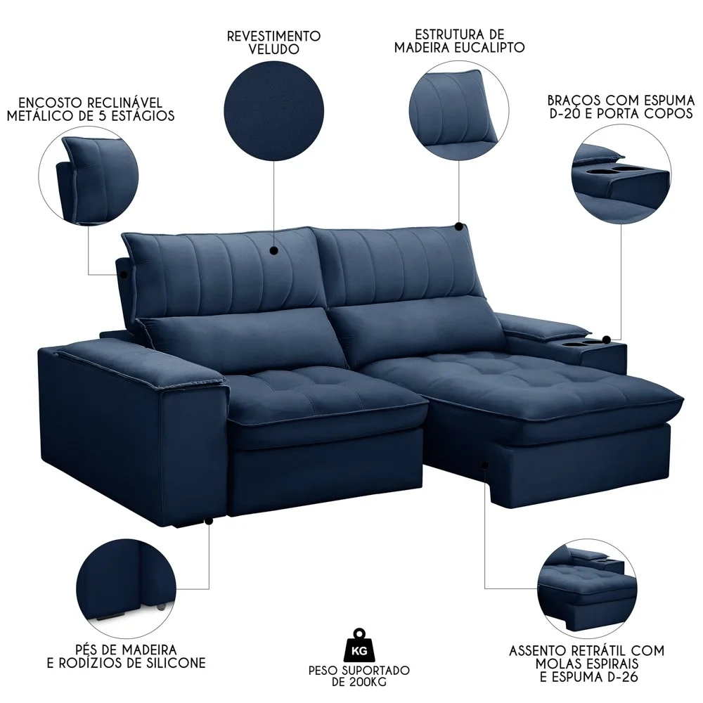 Sofá Retrátil 3 Lugares com Porta Copo 230cm Andes F05 Veludo Azul - Mpozenato