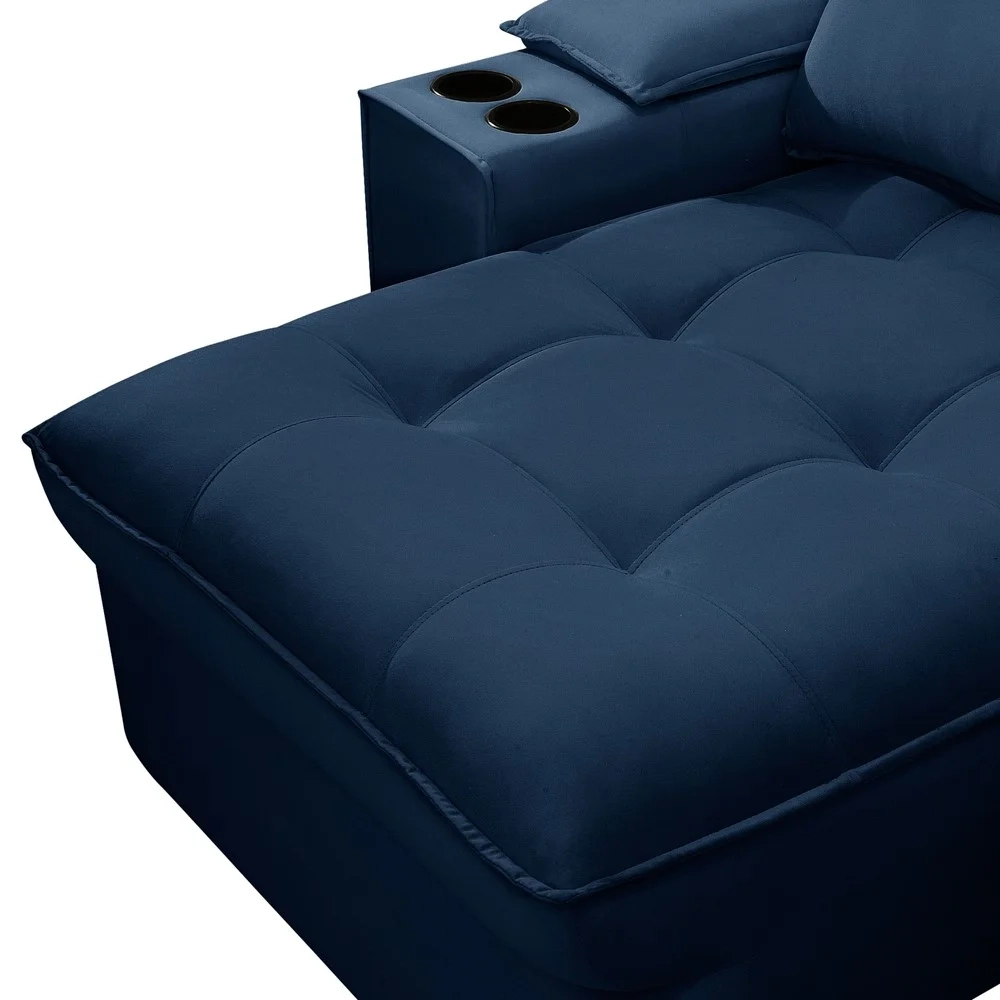 Sofá Retrátil 3 Lugares com Porta Copo 230cm Andes F05 Veludo Azul - Mpozenato