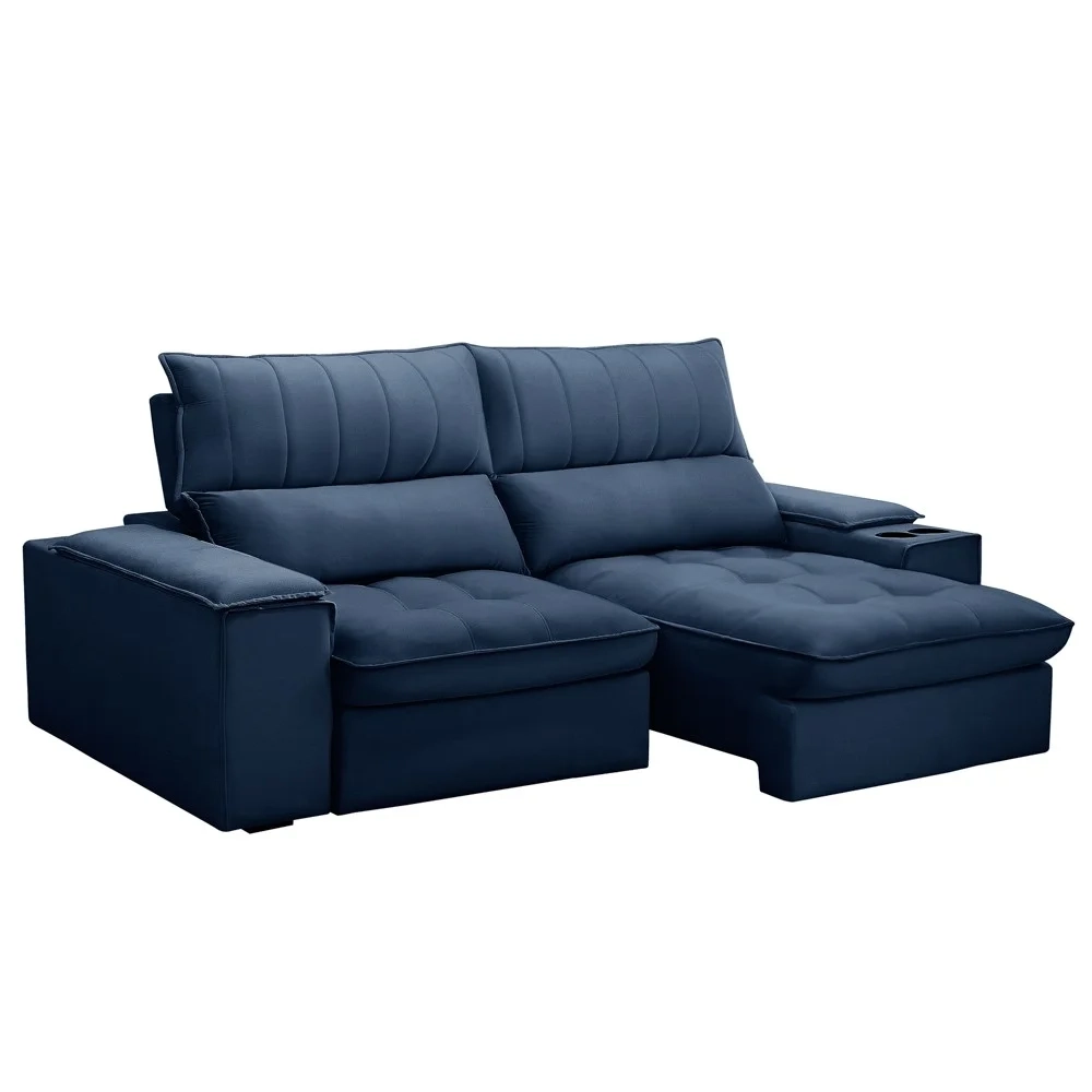 Sofá Retrátil 3 Lugares com Porta Copo 230cm Andes F05 Veludo Azul - Mpozenato