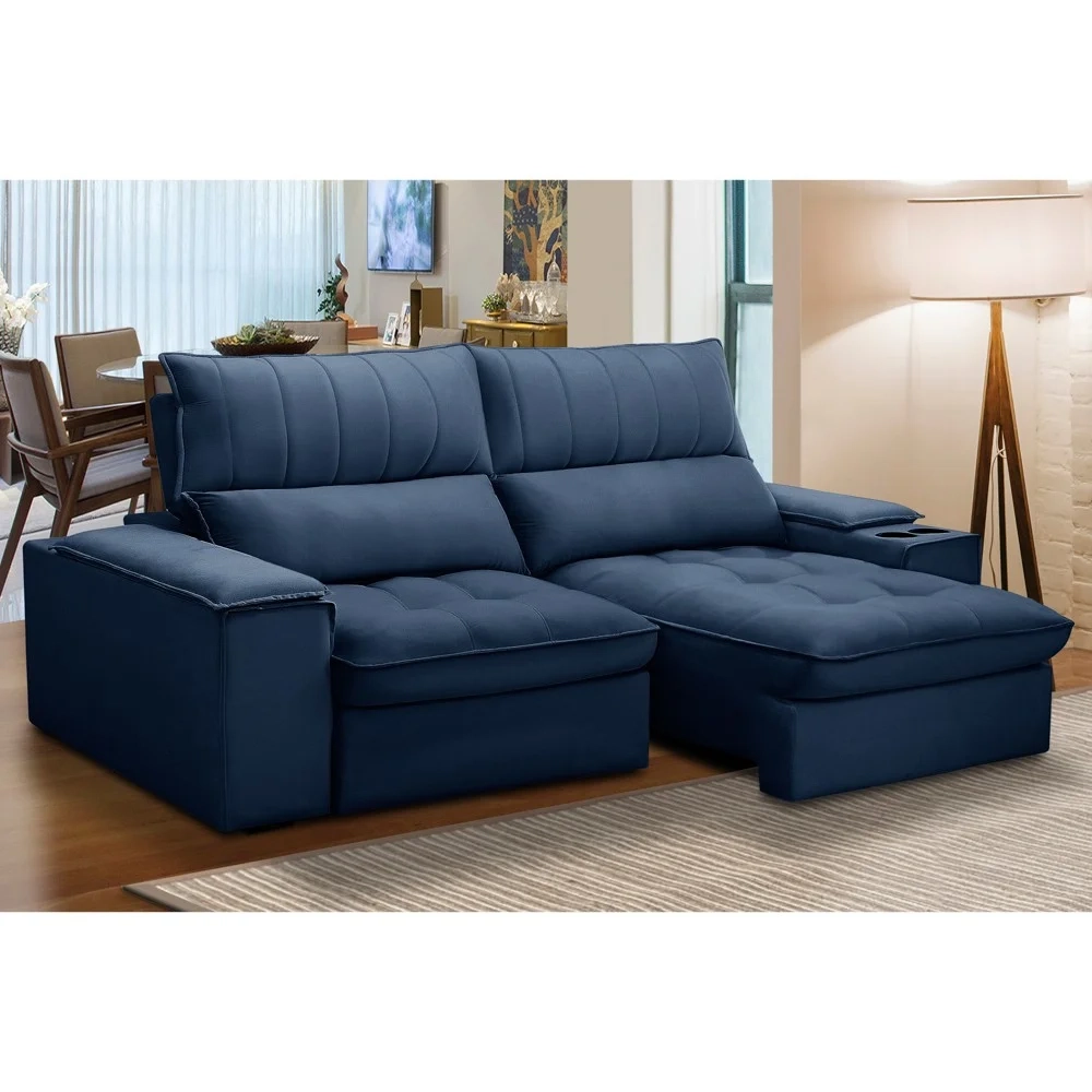 Sofá Retrátil 3 Lugares com Porta Copo 230cm Andes F05 Veludo Azul - Mpozenato