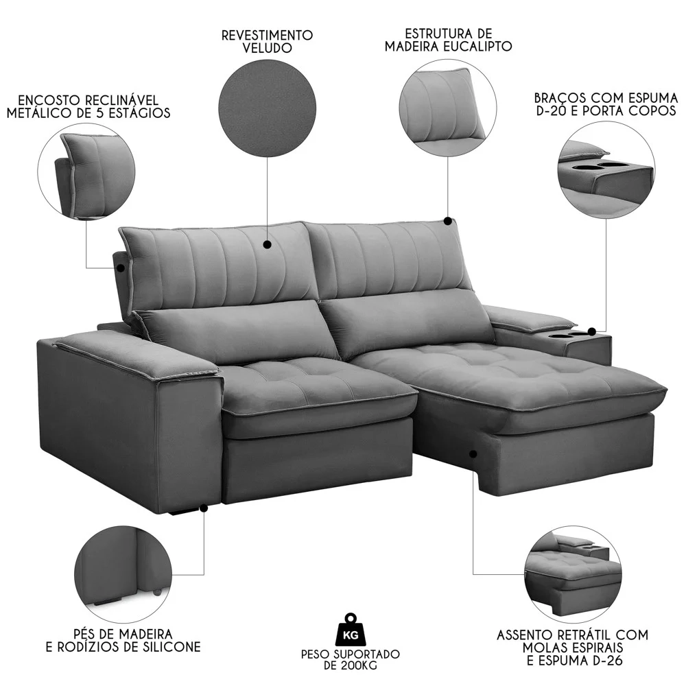 Sofá Retrátil 3 Lugares com Porta Copo 230cm Andes F05 Veludo Cinza - Mpozenato