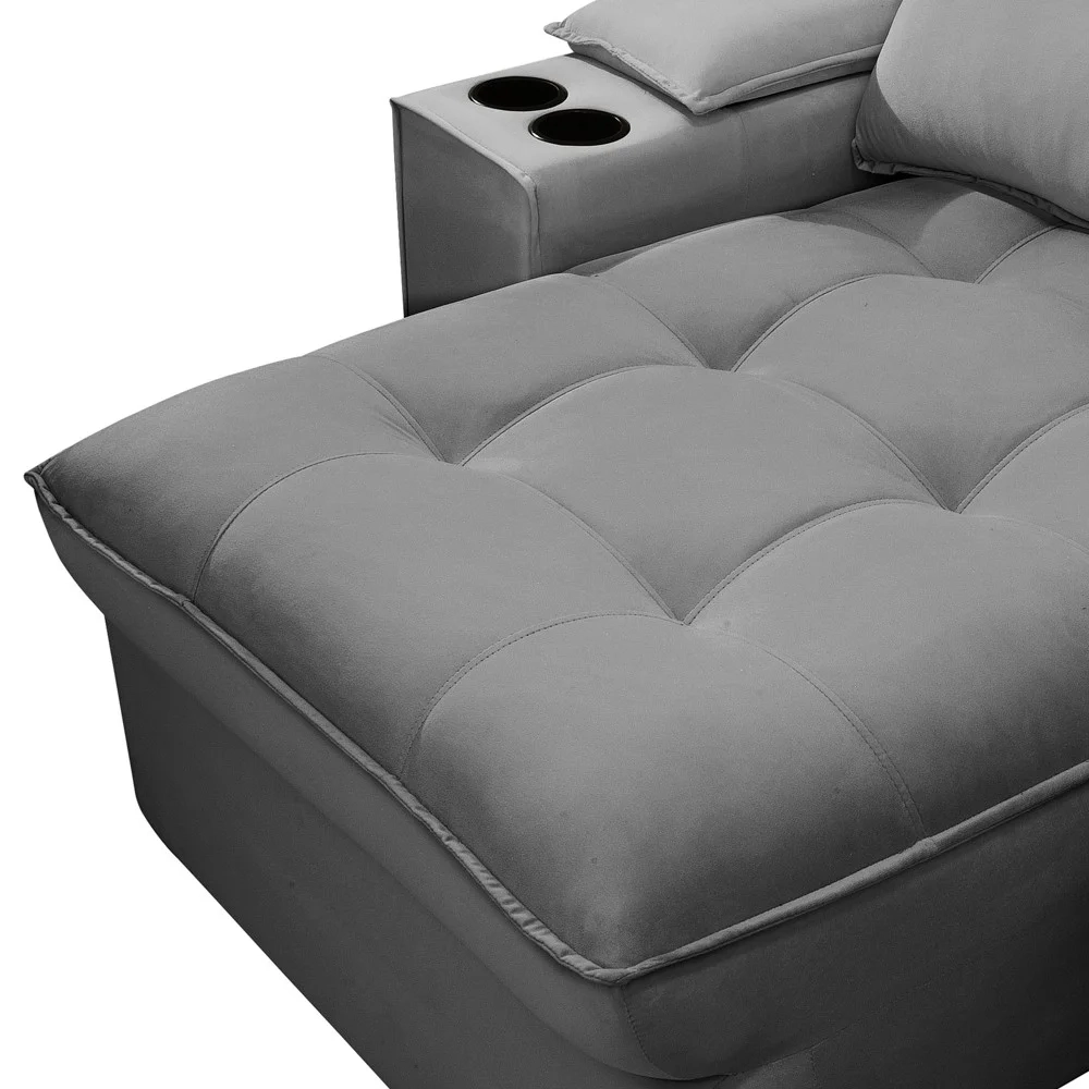 Sofá Retrátil 3 Lugares com Porta Copo 230cm Andes F05 Veludo Cinza - Mpozenato