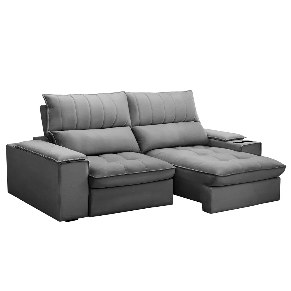 Sofá Retrátil 3 Lugares com Porta Copo 230cm Andes F05 Veludo Cinza - Mpozenato