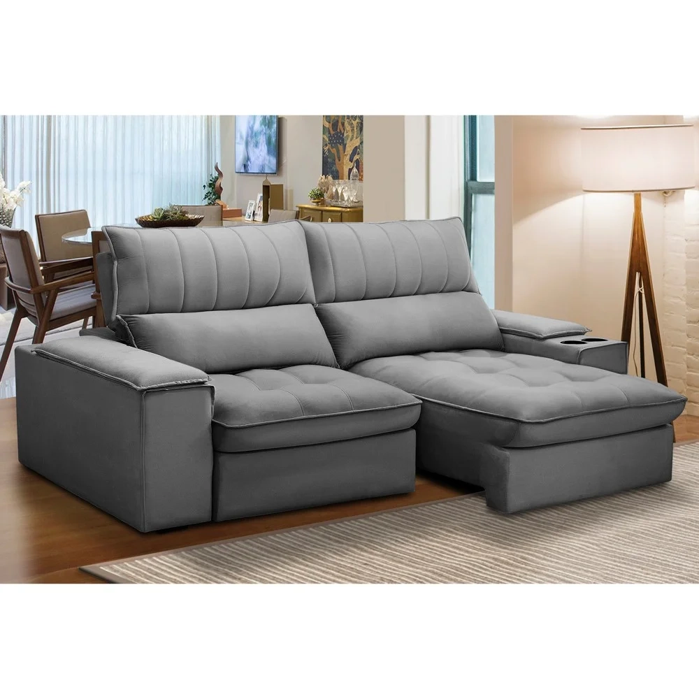 Sofá Retrátil 3 Lugares com Porta Copo 230cm Andes F05 Veludo Cinza - Mpozenato