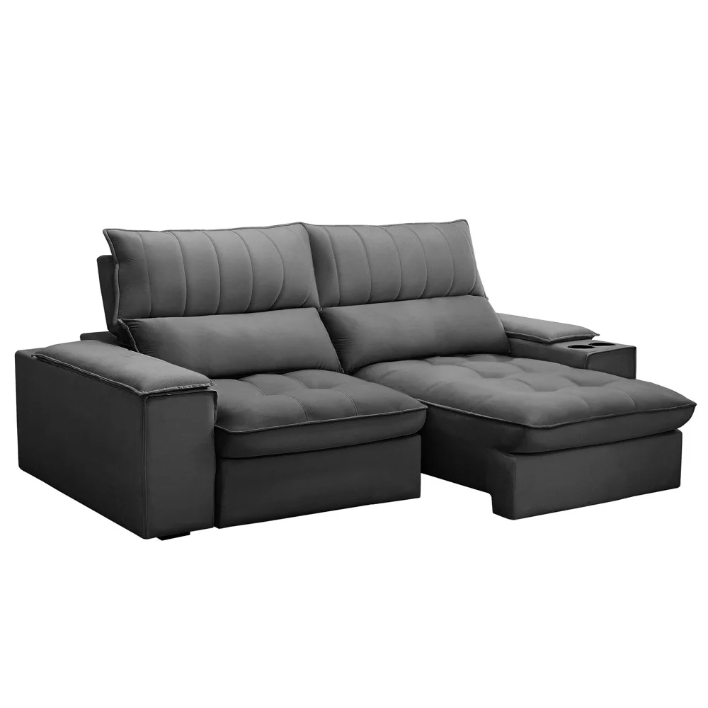 Sofá Retrátil 3 Lugares com Porta Copo 230cm Andes F05 Veludo Grafite - Mpozenato