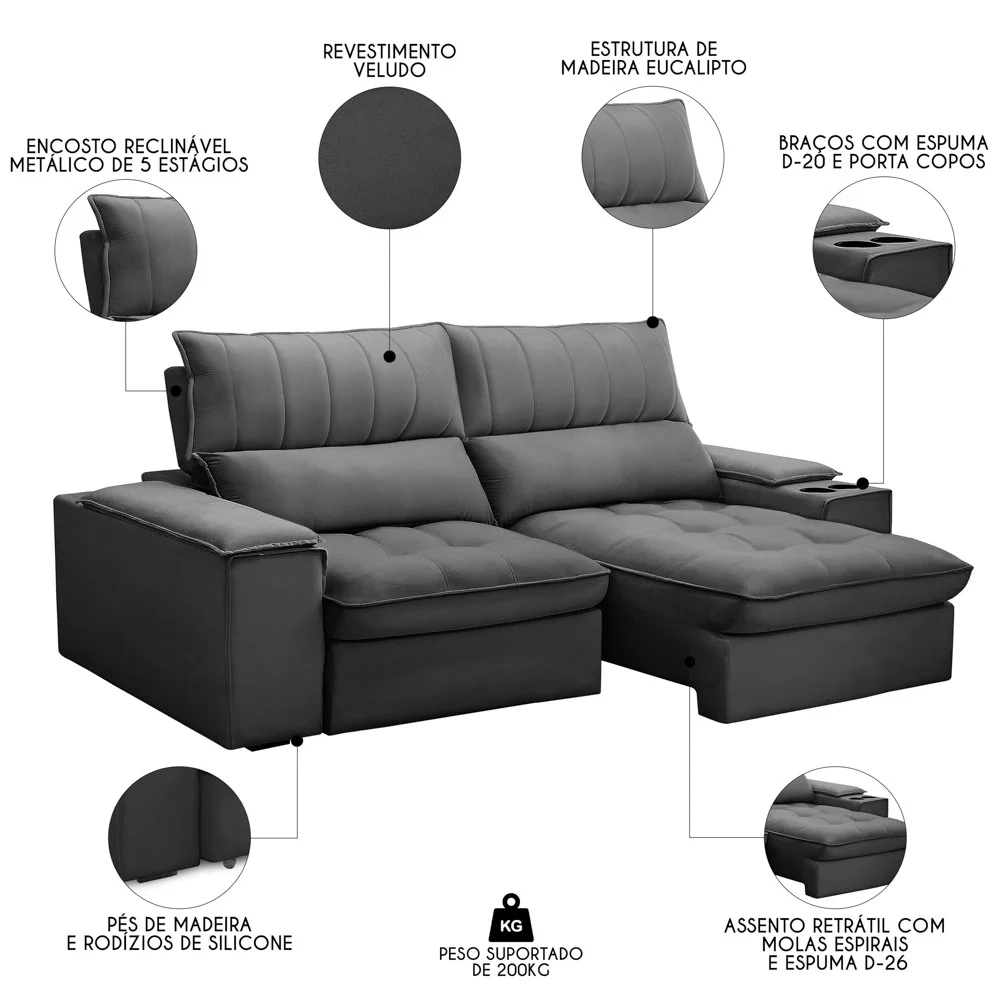 Sofá Retrátil 3 Lugares com Porta Copo 230cm Andes F05 Veludo Grafite - Mpozenato
