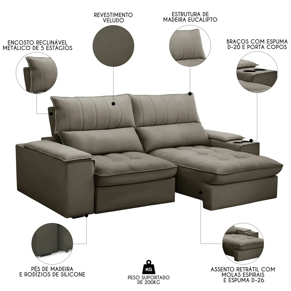 Sofá Retrátil 3 Lugares com Porta Copo 230cm Andes F05 Veludo Marrom - Mpozenato