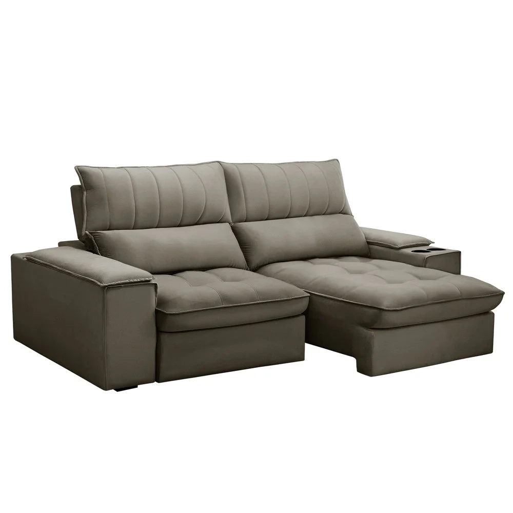 Sofá Retrátil 3 Lugares com Porta Copo 230cm Andes F05 Veludo Marrom - Mpozenato