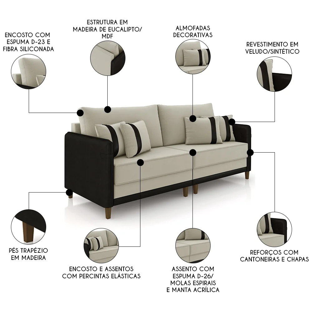Sofá 2 Lugares Living 172cm Zoe Z08 Veludo Bege/Preto - Mpozenato