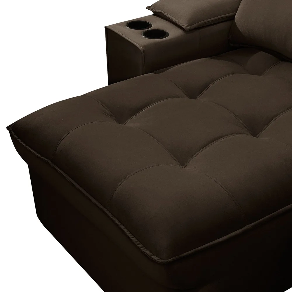 Sofá Retrátil 3 Lugares com Porta Copo 230cm Andes F05 Veludo Marrom Escuro - Mpozenato