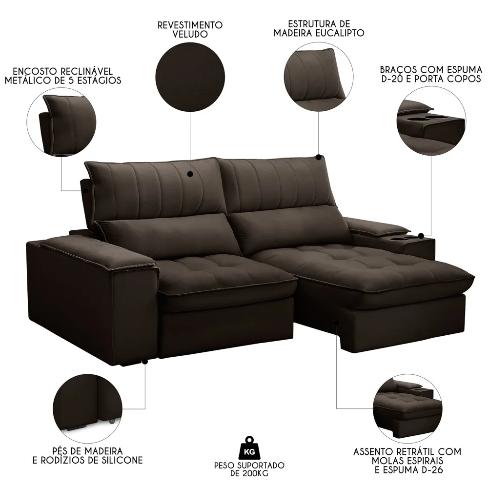 Sofá Retrátil 3 Lugares com Porta Copo 230cm Andes F05 Veludo Marrom Escuro - Mpozenato