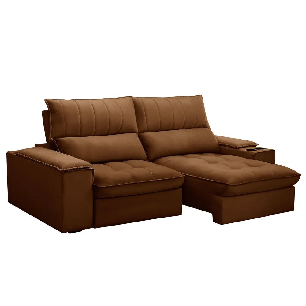 Sofá Retrátil 3 Lugares com Porta Copo 230cm Andes F05 Veludo Terracota - Mpozenato