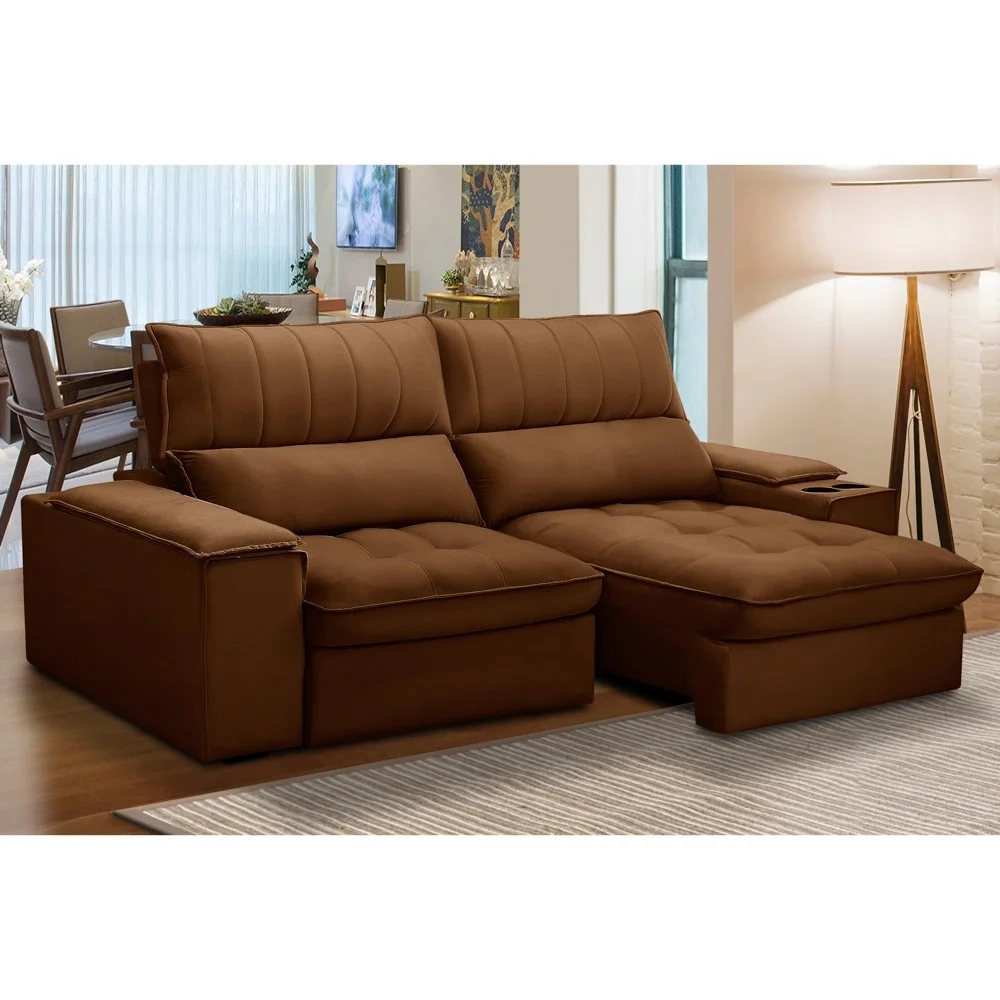 Sofá Retrátil 3 Lugares com Porta Copo 230cm Andes F05 Veludo Terracota - Mpozenato