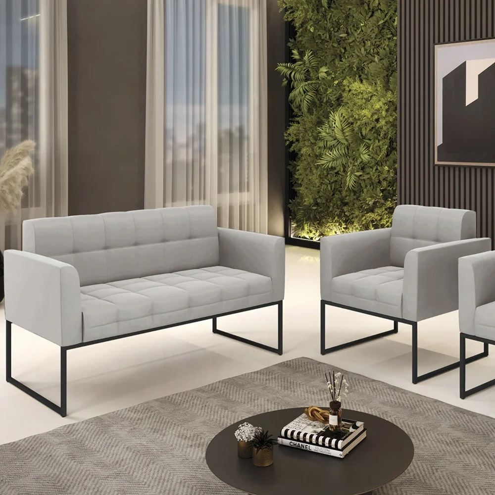 Sofá Namoradeira e 1 Poltrona Base Industrial Preto Ana Veludo Cinza - Ibiza