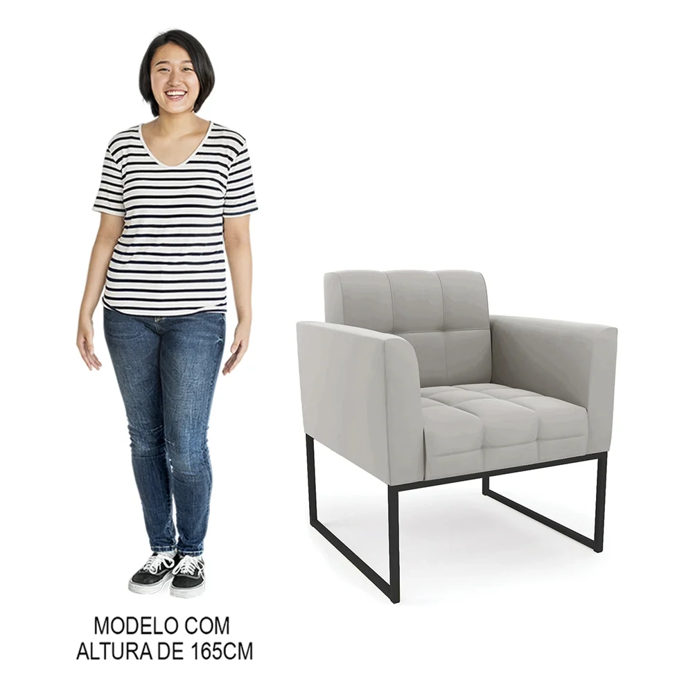 Sofá Namoradeira e 1 Poltrona Base Industrial Preto Ana Veludo Cinza - Ibiza