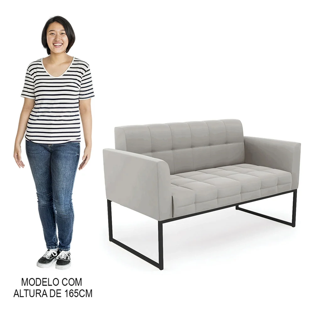 Sofá Namoradeira e 1 Poltrona Base Industrial Preto Ana Veludo Cinza - Ibiza