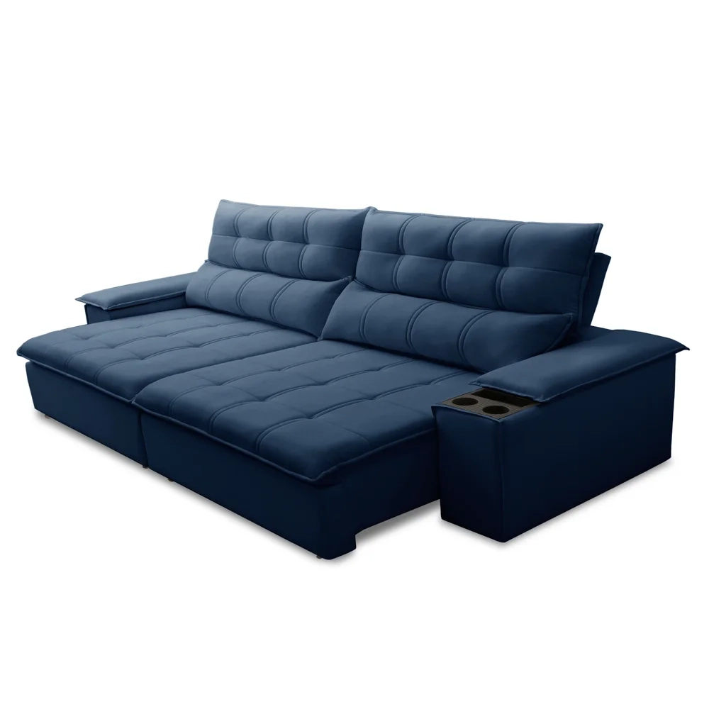 Sofá Retrátil 3 Lugares com Porta Copo 230cm Malta F05 Veludo Azul - Mpozenato