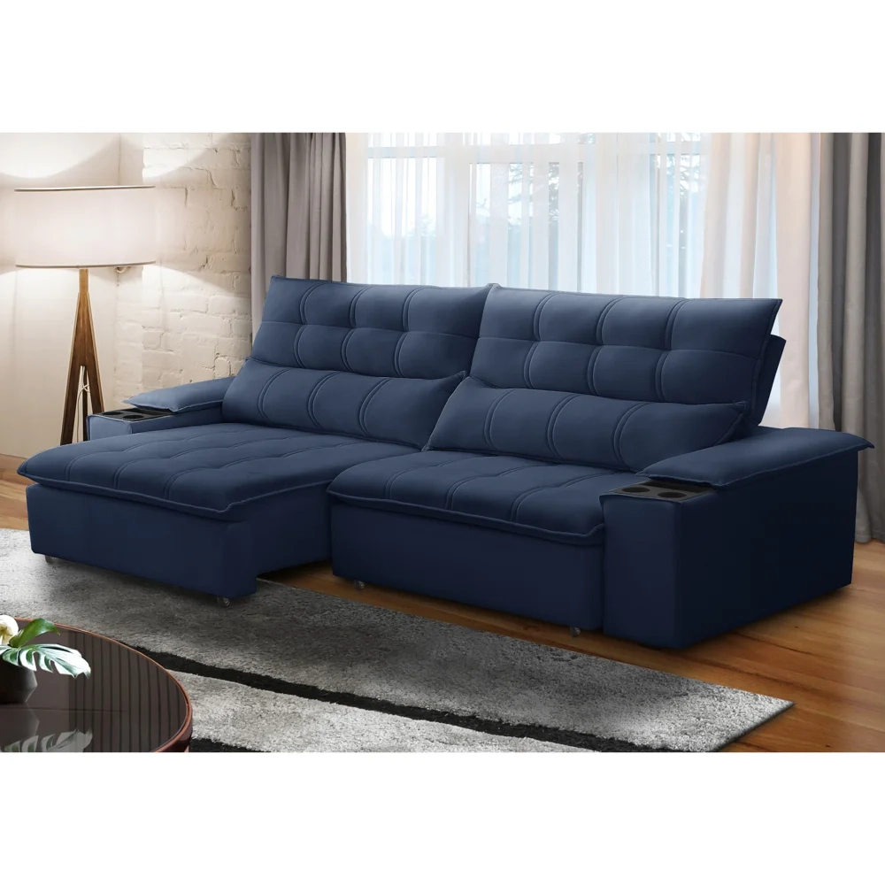 Sofá Retrátil 3 Lugares com Porta Copo 230cm Malta F05 Veludo Azul - Mpozenato
