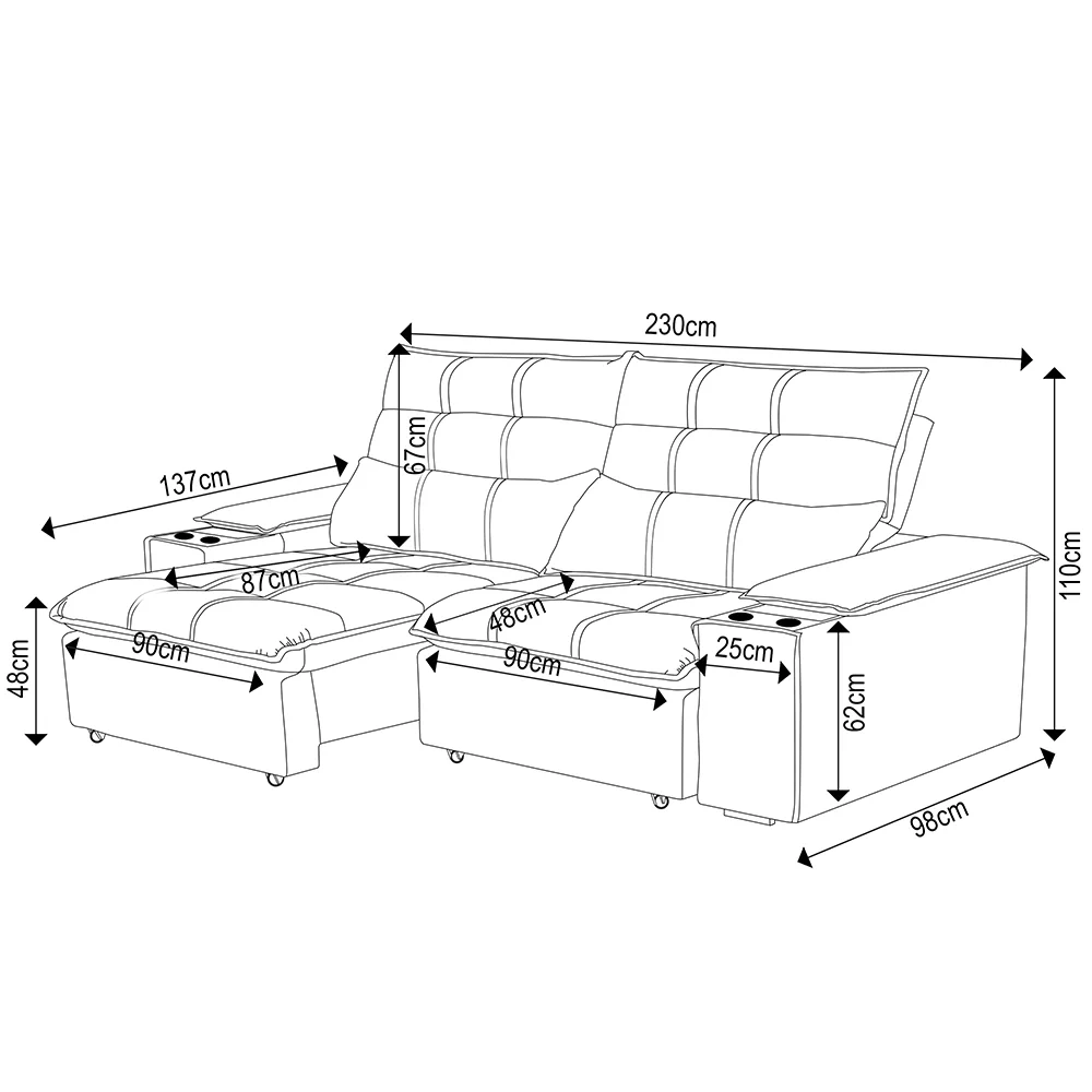 Sofá Retrátil 3 Lugares com Porta Copo 230cm Malta F05 Veludo Bordô - Mpozenato