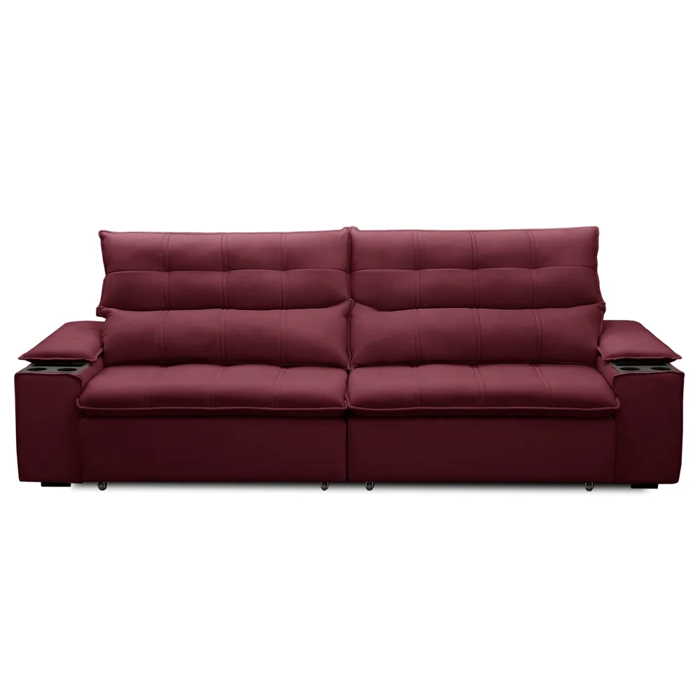 Sofá Retrátil 3 Lugares com Porta Copo 230cm Malta F05 Veludo Bordô - Mpozenato